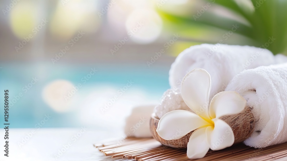 Aufkleber tranquil spa scene with fresh white towels and fragrant flower for relaxation : generative ai