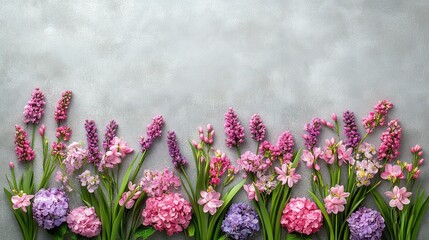 Obraz premium Floral Arrangement on Textured Gray Background with Pink and Purple Flowers for Springtime Design