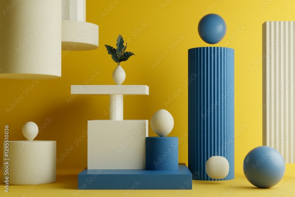 Aufkleber minimalist 3d rendering of geometric objects in deep blue and butter yellow in zero gravity layout