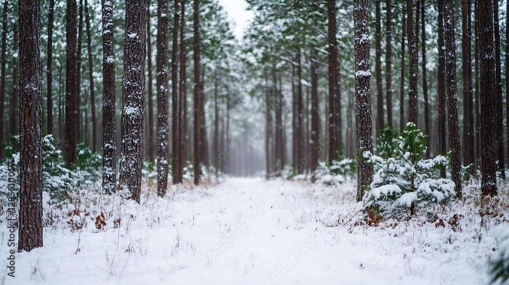 Poster winter wonderland scene with snowcovered trees and a serene forest pathway : generative ai