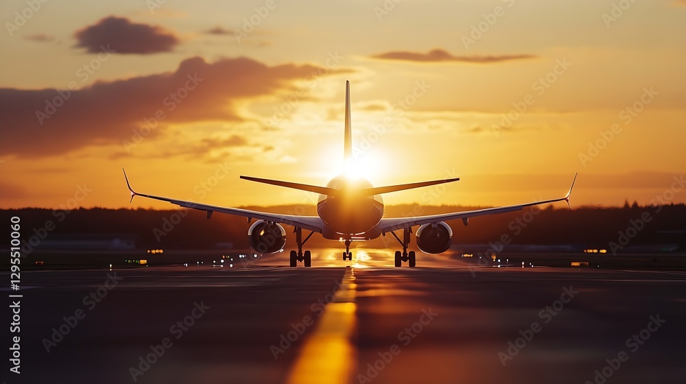 Poster airplane landing at sunset with beautiful backlight creating dramatic scene : generative ai