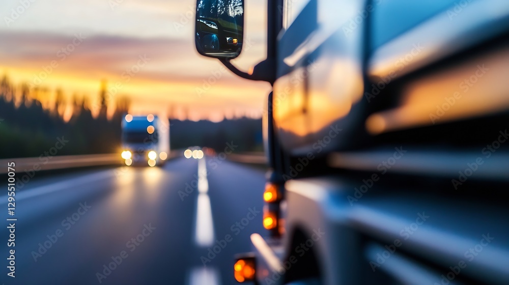 Poster dynamic close up of trucks on a highway during sunset : generative ai