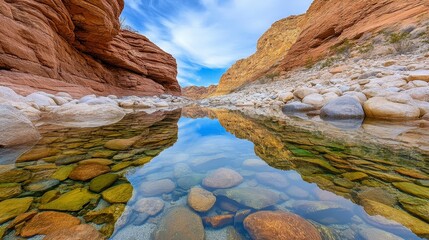 Tranquil River Landscape with Reflection and Colorful Rocks