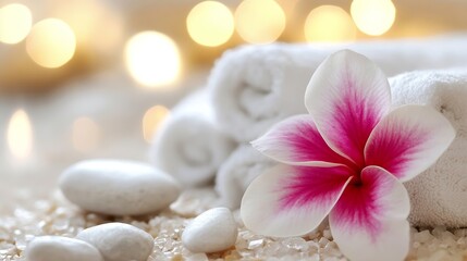 Delicate pink flower with white towels and pebbles in a tranquil spa setting : Generative AI