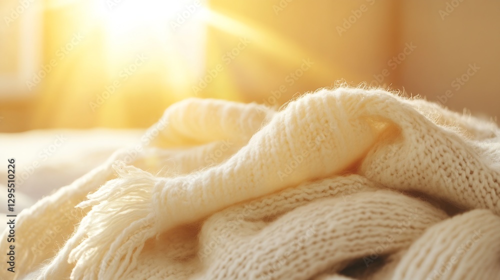 Poster soft beige knitted blanket illuminated by warm sunshine creating a cozy and inviting atmosphere : ge