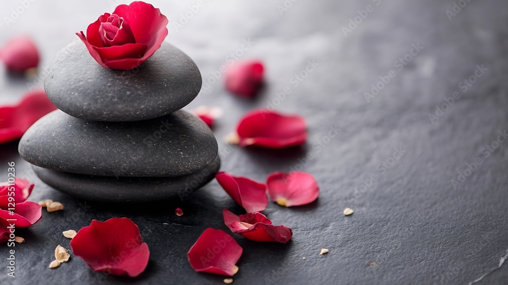 Poster Elegant stack of smooth black stones adorned with rose petals and a single rose creating a serene spa vibe : Generative AI