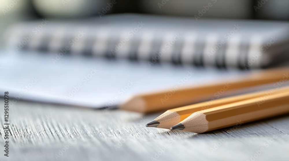 Poster close up of wooden desk with yellow pencils and open notebook on a table : generative ai