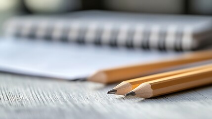 Fototapeta premium Close Up of Wooden Desk with Yellow Pencils and Open Notebook on a Table : Generative AI