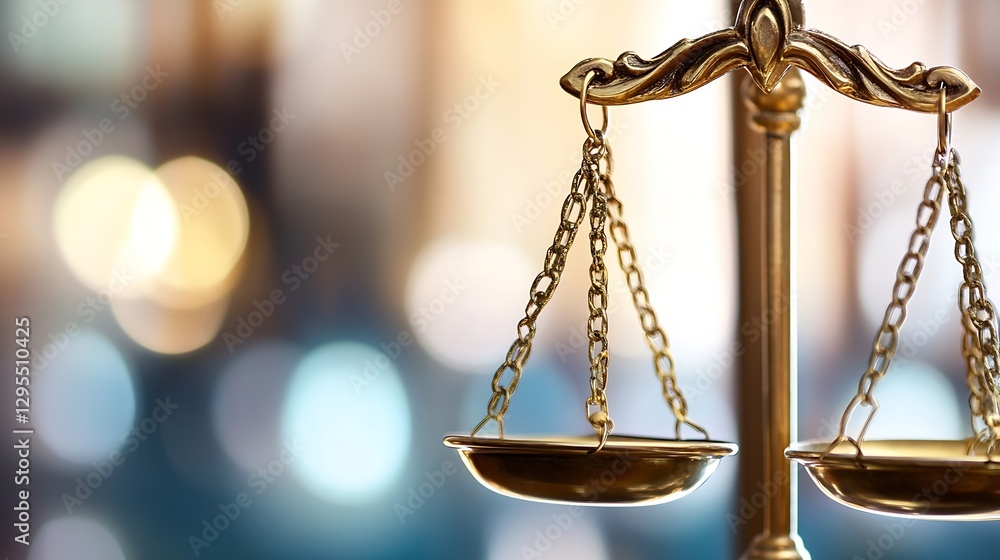 Poster close up view of a golden scale symbolizing justice with a blurred background showcasing soft lights