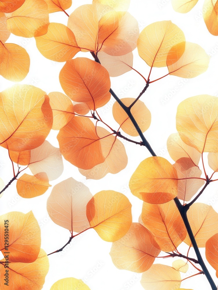 Poster translucent orange leaves on dark branches against a white background creating a delicate and airy b