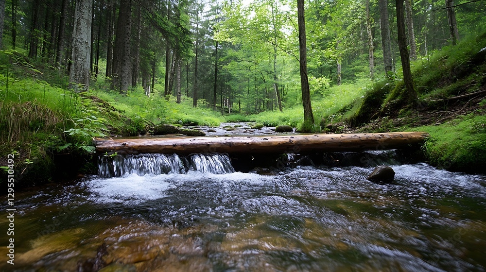 Poster tranquil forest scene with stream flowing over a wooden log in a lush green environment : generative