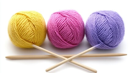 Colorful Yarn Balls and Wooden Needles for Crafting Projects