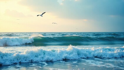 Ocean waves with seagulls flying on the horizon, landscape, beach, blue sky