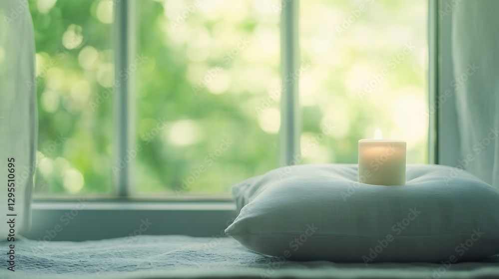 Aufkleber minimalist candle lit on a pillow by the window with soft natural light : generative ai