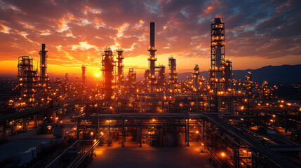 Fototapeta premium Sunset over a Saudi Arabian oil refinery, glowing industrial lights, silhouette of distillation towers