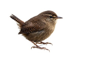 Fototapeta premium A tiny wren perched delicately on an invisible branch, isolated against a white background