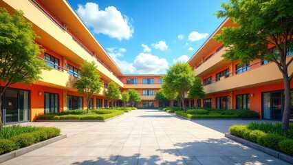 A modern school courtyard with orange buildings, green trees, and a clear blue sky.