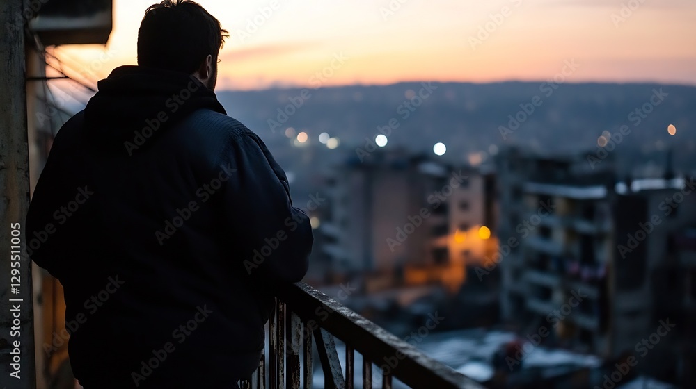 Poster man contemplating stunning sunset over cityscape while standing on balcony : generative ai