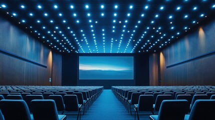 Naklejka premium Empty modern cinema auditorium with blue lighting and large screen. Ideal for presentations, film, and entertainment concepts.