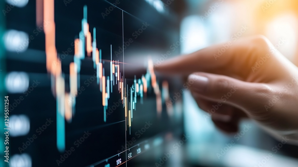 Poster businessperson pointing at digital stock market graph on modern screen for financial analysis : gene