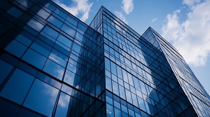 Stunning Modern Glass Building Under Bright Blue Sky with Fluffy Clouds : Generative AI