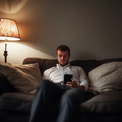 Fototapeta premium Man Relaxing on Sofa with Smartphone in Cozy Living Room