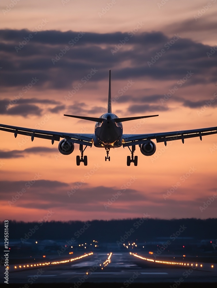 Poster airplane landing at sunset with dramatic clouds and illuminated runway lights reflecting travel and 