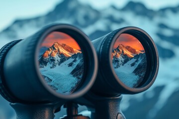 Exploration and adventure  binoculars reflecting snow capped mountains against a blurred background