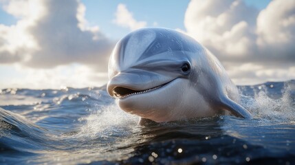 A cute dolphin swims in the ocean with sunny skies