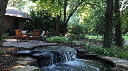 Naklejka premium A peaceful patio area connected to a modern black granite waterfall installation.