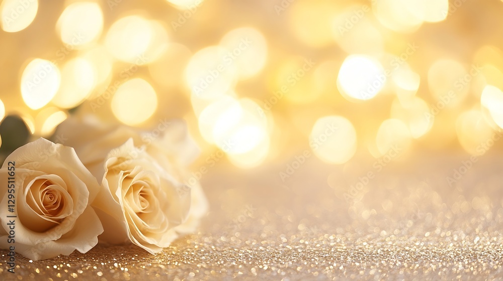 Poster Beautiful soft white roses on a golden bokeh background creating a romantic elegant atmosphere : Generative AI