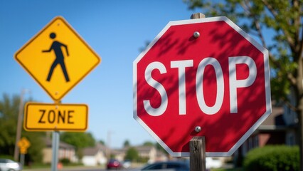 Obraz premium School zone signs with a stop sign in the foreground and a pedestrian crossing sign in the background.