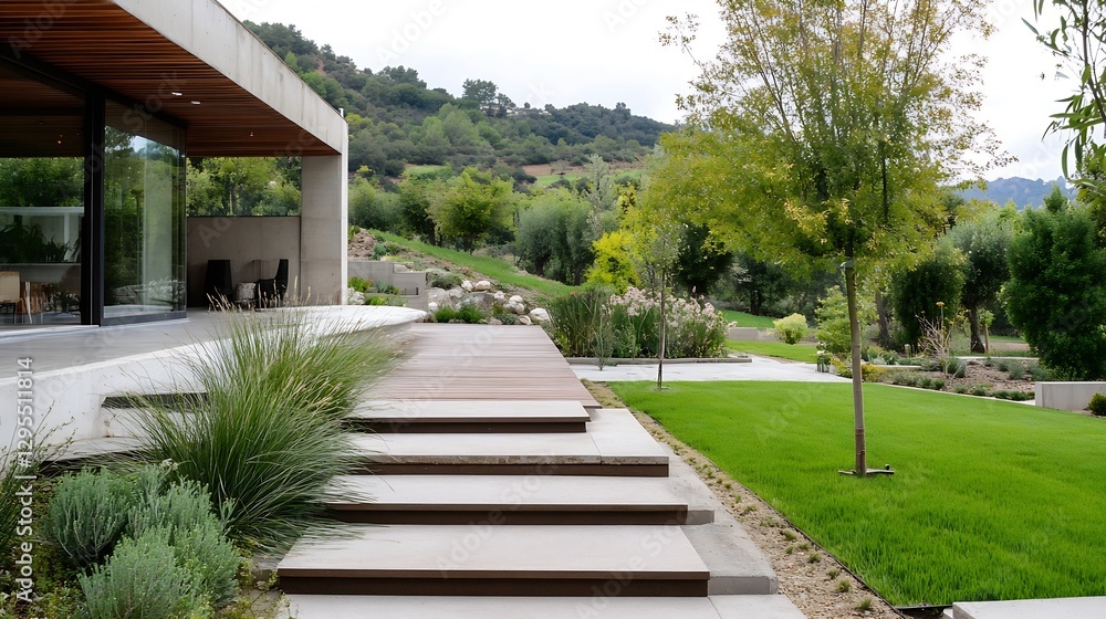 Poster modern landscape design featuring stylish stairs and lush greenery in contemporary setting : generat