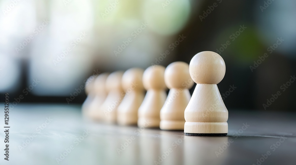 Poster Closeup of wooden game pieces arranged in a line symbolizing strategy and teamwork in a bright setting : Generative AI