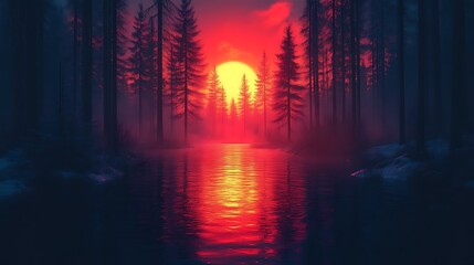 A red sunset reflecting on the water in a dark forest setting