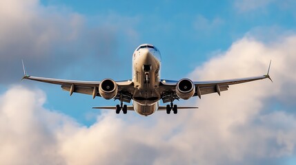 Fototapeta premium Airplane Taking Off Against a Beautiful Blue Sky and Fluffy White Clouds : Generative AI