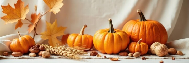 Cozy fall atmosphere with pumpkins and autumn leaves in front of white drape, nuts, wheat
