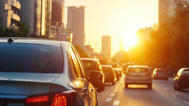 Traffic Jam During a Golden Sunset Over City Buildings and Cars : Generative AI
