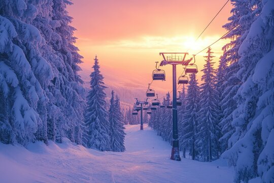 Snowy mountain ski lift at sunset - Powered by Adobe