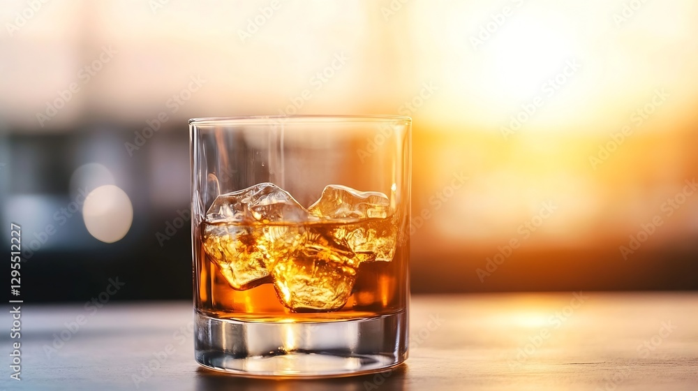 Poster refreshing glass of whiskey with ice cubes on a wooden table against a sunset backdrop : generative 