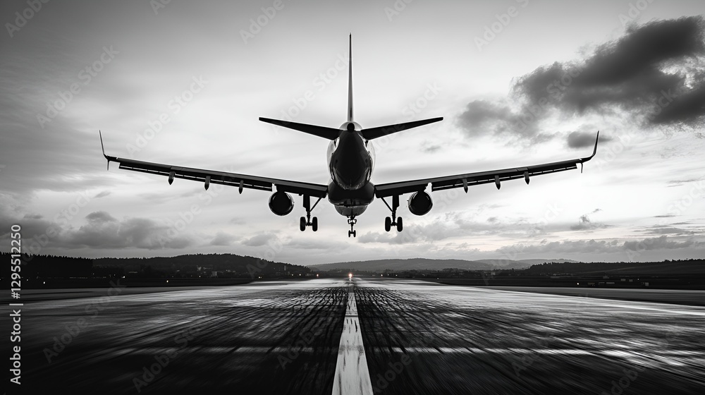 Poster stunning black and white image of an airplane landing on a runway with dramatic cloudy sky : generat