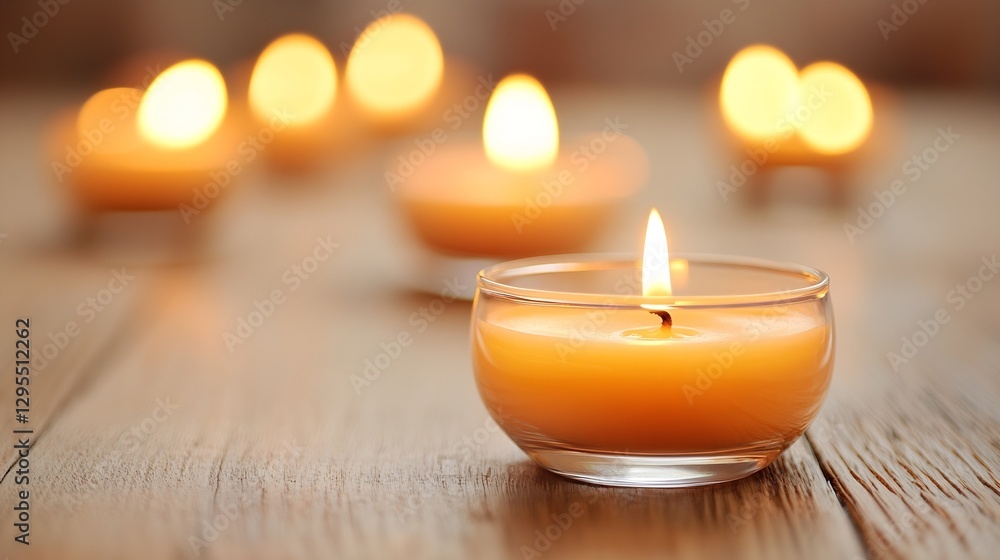 Poster tranquil lit candle creating a warm atmosphere in a cozy room : generative ai