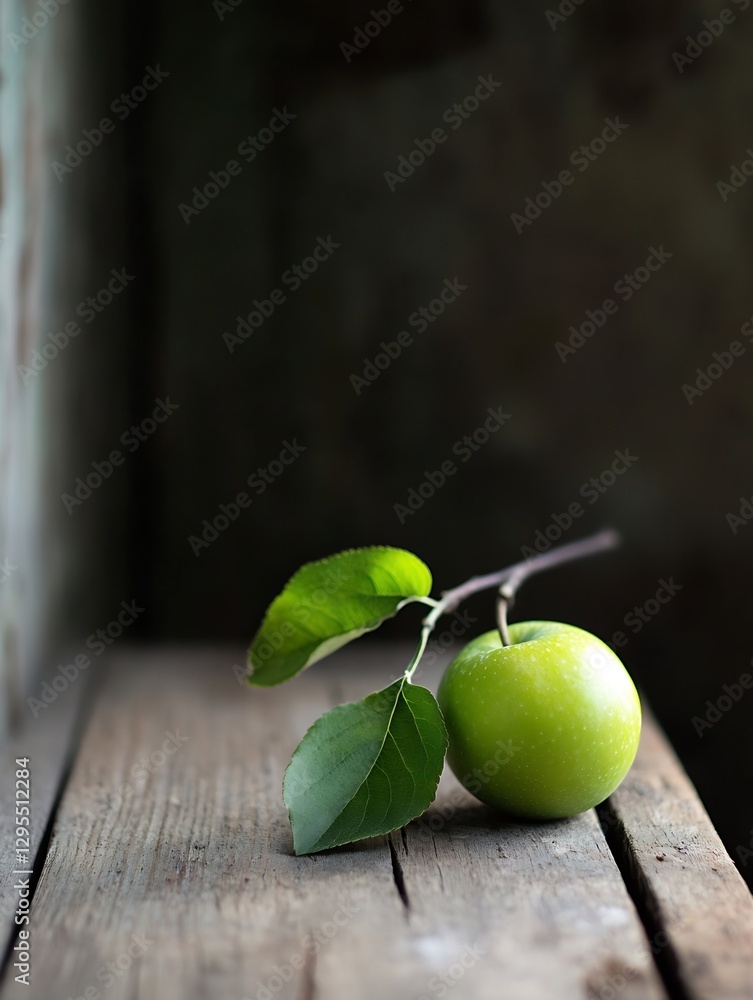 Poster Fresh green apple with leaves resting beautifully on rustic wooden table background creating a natural and homely feel : Generative AI
