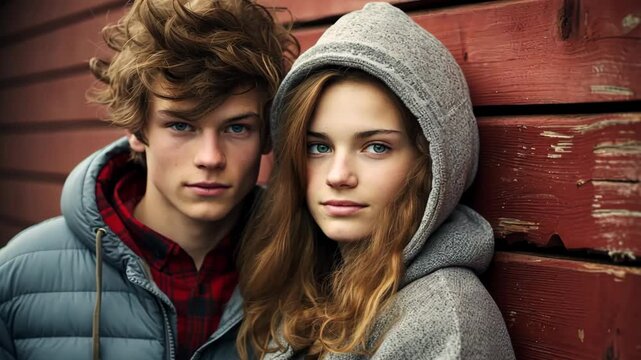 street fashion portrait of young  woman and man in urban city street look cool in hoodie 