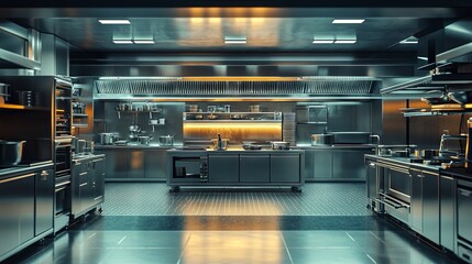 A modern commercial kitchen with stainless steel surfaces, featuring an empty workspace and gleaming industrial cooking equipment under bright lights, showcasing a professional setup