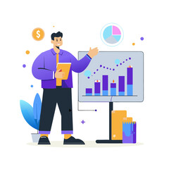 Young man in purple shirt and dark pants presenting data on a whiteboard. Explaining financial chart at a meeting in a modern office setting.