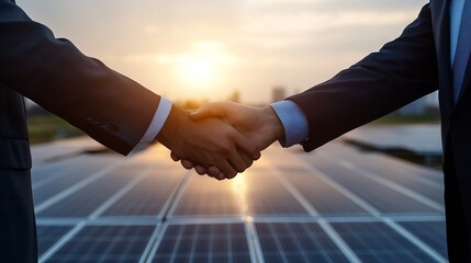 Business partners shaking hands during a meeting at sunset symbolizing trust and collaboration : Generative AI