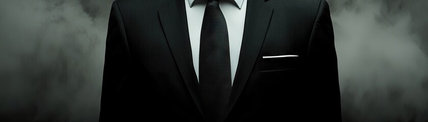 Black suited torso in smoky background. Mysterious, corporate, anonymous, spy concept