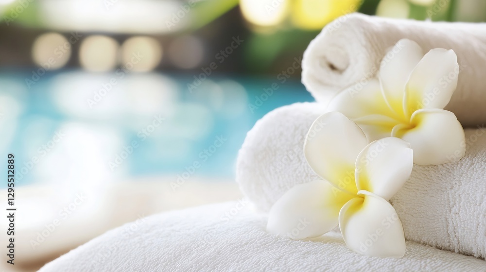 Poster spa essentials with soft towels and fragrant flowers for luxurious relaxation and wellness experienc