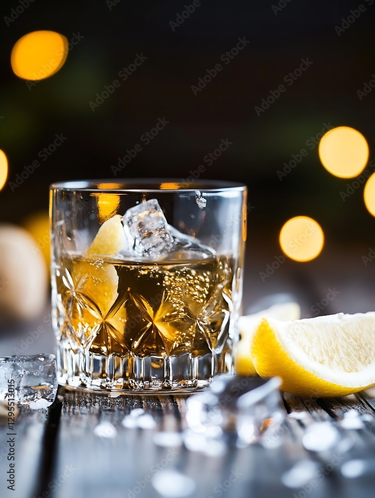 Poster Refreshing glass of whiskey with lemon and ice cubes surrounded by a warm bokeh background offering a relaxing vibe : Generative AI
